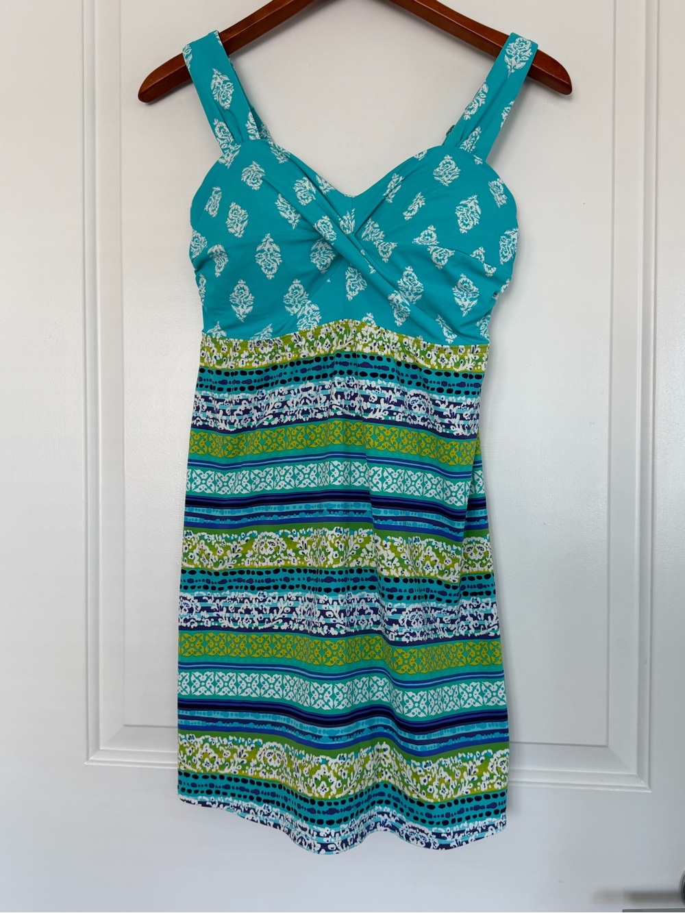 Lands' End Turquoise Green Striped Long Dresskini Tankini Top 8D